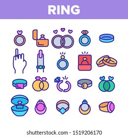 Ring Jewelry Collection Elements Icons Set Vector Thin Line. Wedding Ring On Hand Finger And In Box Container, With Diamond And Broken Concept Linear Pictograms. Monochrome Contour Illustrations