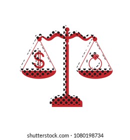 Ring jewelry; jeweler and dollar symbol on scales. Vector. Brown icon with shifted black circle pattern as duplicate at white background. Isolated.