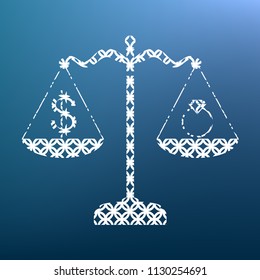 Ring jewelry; jeweler and dollar symbol on scales. Vector. White textured icon at lapis lazuli gradient background.