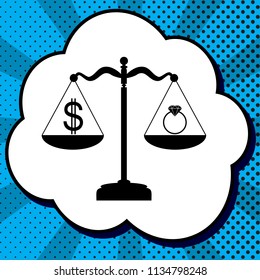 Ring jewelry; jeweler and dollar symbol on scales. Vector. Black icon in bubble on blue pop-art background with rays.