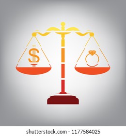 Ring jewelry; jeweler and dollar symbol on scales. Vector. Horizontally sliced icon with colors from sunny gradient in gray background.