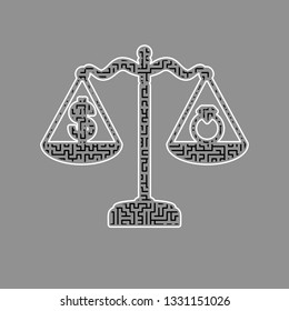 Ring Jewelry; Jeweler And Dollar Symbol On Scales. Vector. Black Maze Filled Icon With White Border At Gray Background.