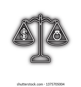 Ring jewelry; jeweler and dollar symbol on scales. Vector. Double contour black icon with soft shadow at white background. Isolated.