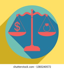 Ring jewelry; jeweler and dollar symbol on scales. Sunset orange icon with llapis lazuli shadow inside medium aquamarine circle with different goldenrod shadow at royal yellow background.