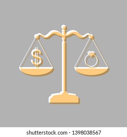 Ring jewelry; jeweler and dollar symbol on scales. Emboss effect with light orange icon on gray background.