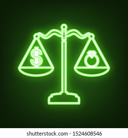 Ring jewelry; jeweler and dollar symbol on scales. Green neon icon in the dark. Blurred lightening. Illustration.