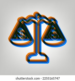 Ring jewelry; jeweler and dollar symbol on scales. Stroked Icon in orange, azure and old lavender Colors at gray Background. Illustration.