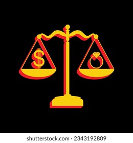 Ring jewelry; jeweler and dollar symbol on scales. 3D Extruded Yellow Icon with Red Sides a Black background. Illustration.