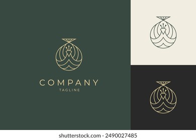 Ring Jewelry logo with Peacock bird in luxury gold line art design style