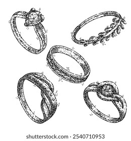 ring jewelry set hand drawn. platinum gemstone, engagement wedding, eternity solitaire ring jewelry vector sketch. isolated black illustration