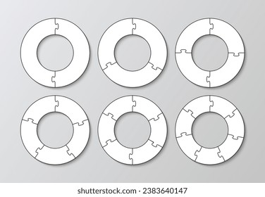 Ring jigsaw grids with 2, 3, 4, 5, 6, 7 pieces. Cutting templates set with details. Puzzle grid collection. Scheme for thinking game. Simple mosaic background. Frame tiles. Vector illustration.