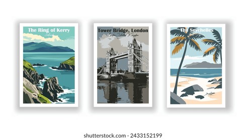 The Ring of Kerry, Ireland. The Seychelles, East Africa. The Tower Bridge, London, United Kingdom - Set of 3 Vintage Travel Posters. Vector illustration. High Quality Prints