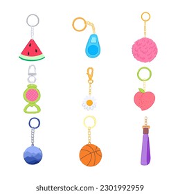 ring keychain set cartoon. metal key, chain holder, silver steel, blank round ring keychain sign. isolated symbol vector illustration