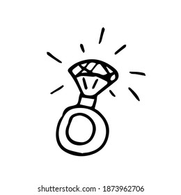 Ring with large multi-carat diamonds sparkling on a white background. Doodle ring illustration can be used for wedding decoration, engagement, invitations, gift wrapping, jewelry store advertising