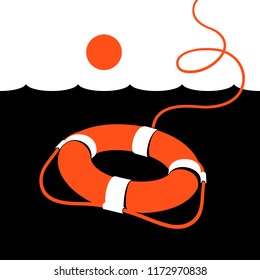 Ring lifebuoy and sea. Vector illustration. Black. White. Orange. v2.