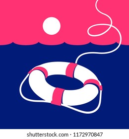 Ring lifebuoy and sea. Vector illustration. Blue. Pink. White.