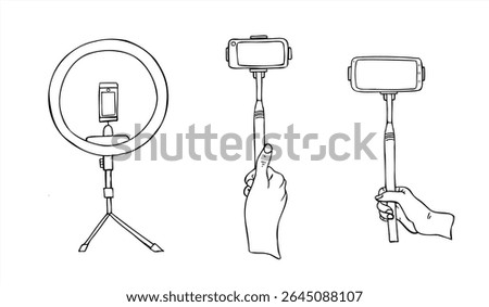 Ring light and hands holding smartphone on monopod vector illustration painted by black inks. portable tools set for content creator, photography equipment guide, social media marketing visual.