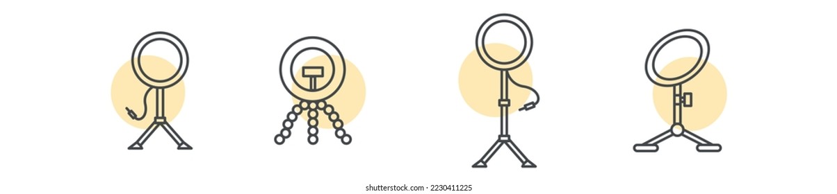 Conjunto de iconos de la luz de anillo, concepto de dispositivo de lámpara circular led, iconos vectoriales del soporte de luz trípode, símbolos de gadget selfie, símbolos de gadget de montaje de cámara de teléfono aislados en fondo blanco