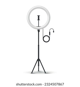 Ring light lamp studio selfie photo camera professional spotlight stand realistic vector illustration. Round floodlight with smartphone holder and button for blogger portrait video photographing shoot