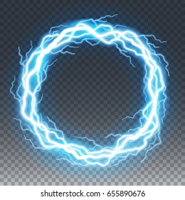 Ring of lightening and thunder bolt or electric, glow and sparkle effect, vector art isolated on transparent background.