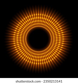 Ring of lines with golden glow light effect vector illustration. Abstract orange neon circle with flash rays, circular gold shiny frame, radial fantasy portal of energy sparks on black background