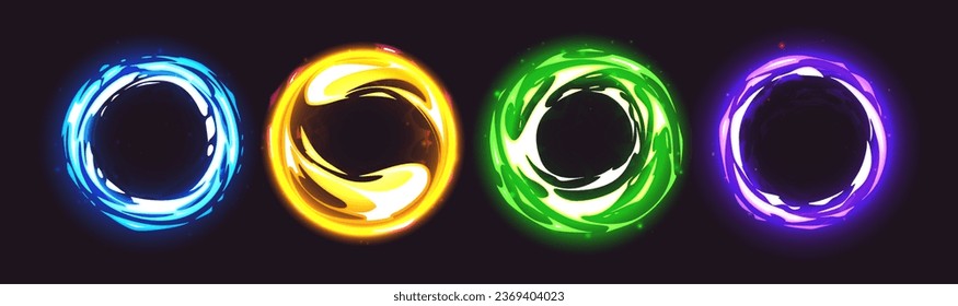 Ring magic portal with light effect. Cartoon vector illustration set of colorful glowing neon circles - fantasy gateway for traveling in space or time. Futuristic multiverse power technology.