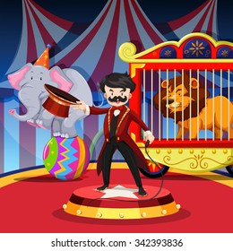 Ring master with animal show at circus illustration