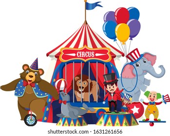 Ring master and circus animals on white background illustration