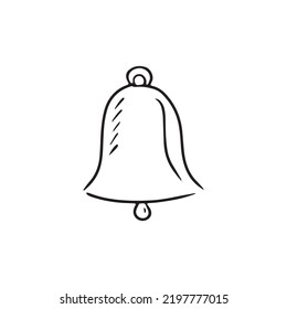 Ring metal bell sketch drawing isolated on white background. Hand drawn vector vintage illustration in doodle outline style. Beginning of the school, Christmas tree decorations, engraved design.