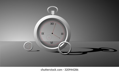 ring modern watch with long shadows, surrealism clock, time dreams, vector