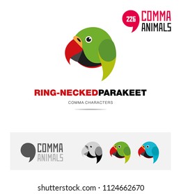 Ring necked parakeet parrot bird concept icon set and modern brand identity logo template and app symbol based on comma sign