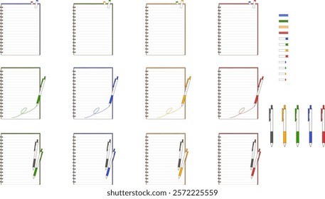 Ring notebook and ballpoint pen vector illustration set