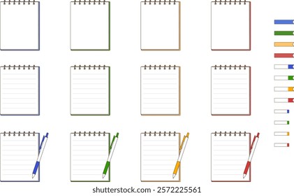 Ring notebook and ballpoint pen vector illustration set