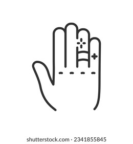 A ring on the ring finger of the right hand, linear icon. Wedding or engagement ring. Line with editable stroke svg
