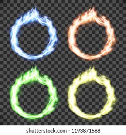 Ring on fire. Set of circle flame patterns isolated on transparent background. Stock vector illustration.