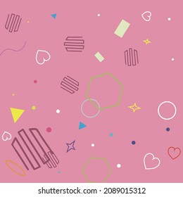 Ring Pastel Hearts Simple Blue Rectangle Green Background. Wave Yellow Sweet Orange Colorful Red Circle Geometrical Design. Oval Pink Violet Square Purple Stars Bright Simple Hipster Art.