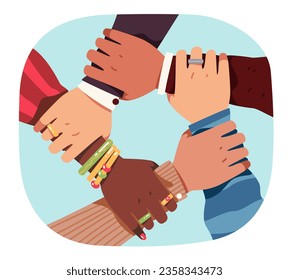 Ring of people hands as teamwork concept. Many diverse multi-ethnic group team holding hands together in circle for cooperation. Community, togetherness, agreement concept flat vector illustration