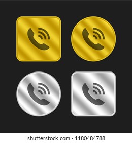 Ring phone auricular interface symbol with lines of the sound gold and silver metallic coin logo icon design