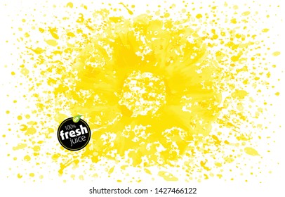 Ring Of Pineapple Closeup With A Splash Of Fresh Juice. Explosion Of Ripe Tropical Juicy Fruit. Creative Layout Made Of Canned Ananas. White Background, EPS Illustration