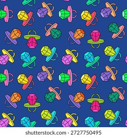 Anel Pop dos anos 90. Anel de gema doce. Crianças engraçadas pirulito pop anel pop. Anel de plástico com um grande diamante. Joia doce. Pop art estilo cômico 80s 90s. Padrão sem emenda do vetor