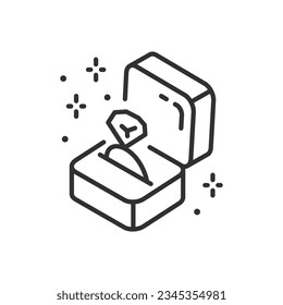 A ring with a precious stone in a box, linear icon. Line with editable stroke