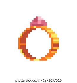 Ring with a precious stone. Logo for the jewelry store. Web site icon. Video game sprite. Pixel art style. Isolated vector illustration.