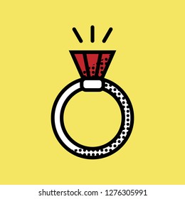 Ring with precious stone. Pop art stylized flat vector icon for Valentine's day.