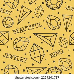 Ring and precious stones, beautiful jewelry for every day usage. Shop ot store with unique gemstones, brilliants and diamonds. Seamless pattern, background or wallpaper print. Vector in flat style