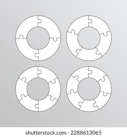 Ring puzzle grids collection. Cutting templates set with details. Scheme for thinking game. Frame tiles. Circular mosaic background. Jigsaw details with 4, 5, 6, 7 pieces. Vector illustration