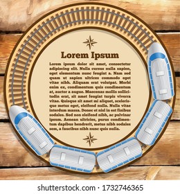 The ring railway with a train on a wooden texture. View from above. Vector illustration.