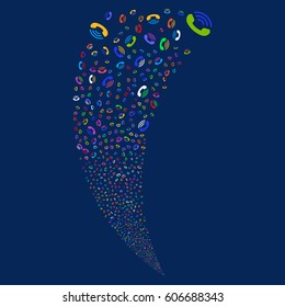 Ring random fireworks stream. Vector illustration style is flat bright multicolored iconic symbols on a blue background. Object fountain made from scattered pictograms.