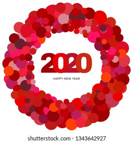 Ring of red circles and the inscription Happy New Year 2020 inside. New Year and Xmas Design Element Template. Vector Illustration