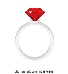 Ring with red diamond  isolated on white background. Vector illustration.