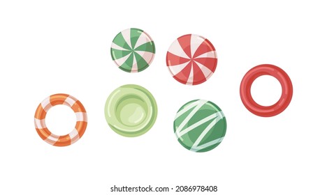 Ring and round candies set. Sweet caramels, sugar drops and suckers. Circle lollipops with different flavors. Fruit lollies mix. Realistic flat vector illustrations isolated on white background